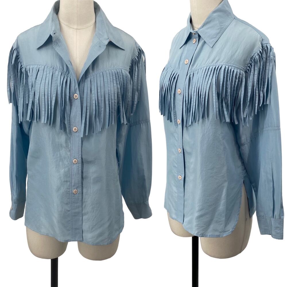 Vintage 90s Fringe Silk Button Down Shirt Blouse Western Light Blue Small Petite